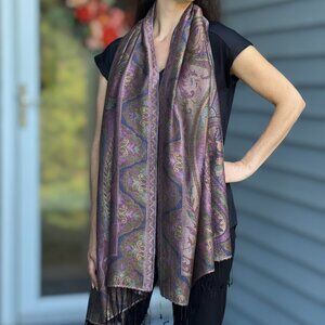 Fringed Purple and Green Modal Silk Jamawar Pashmina
